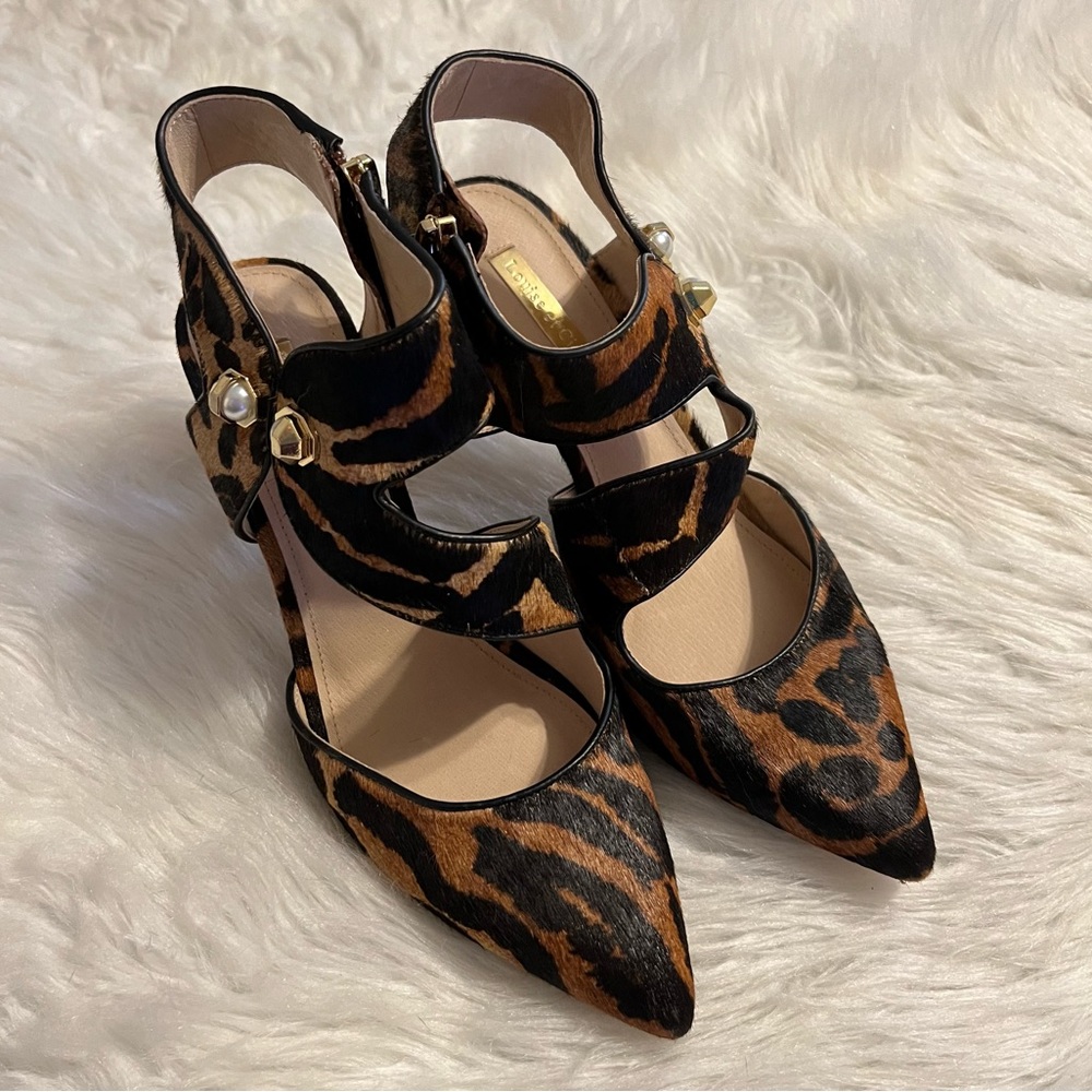 Louise et Cie Animal Print Cow Hair High Heels Shoes Pointed Toe Ankle Strap 8